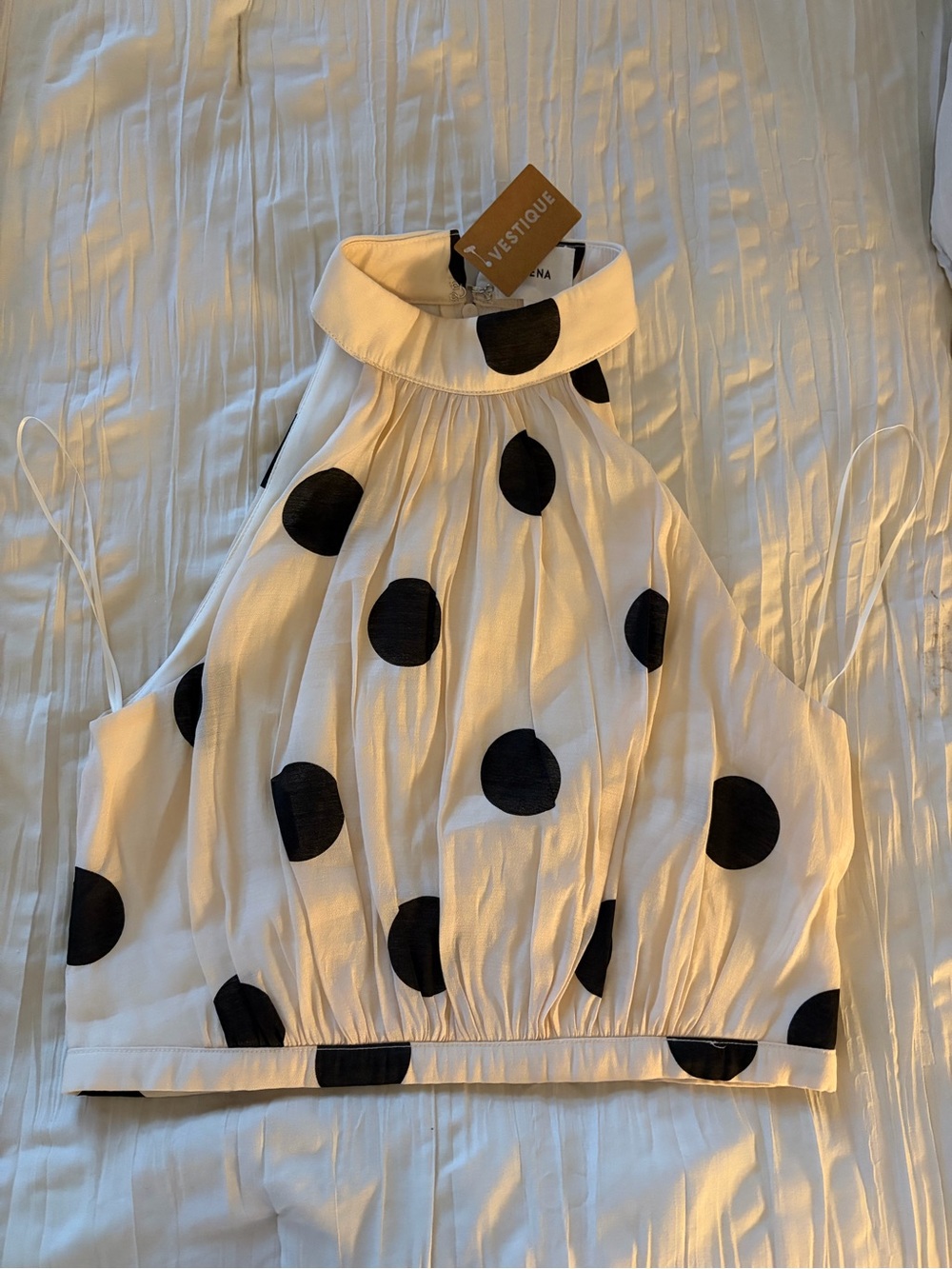 Lena White Halter Crop Top with Black Polka Dots